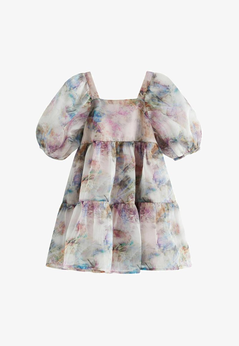 Pakopos suknelė, pagaminta iš lengvos, permatomos medžiagos, puikuojasi pastelinių gėlių raštu. Kvadratinis dekoltė ir pūstos rankovės papildo dizainą.