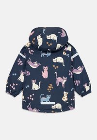 Giacca con cappuccio blu navy caratterizzata da un motivo di gatti in colori pastello. Il materiale è liscio, con polsini elasticizzati e una vestibilità rilassata.