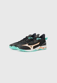 Black athletic shoes with a mesh upper, featuring turquoise accents and an orange stripe, textured outsole, and cushioned sole.