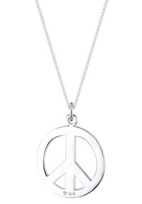 Collana con pendente circolare a forma di simbolo della pace in argento. Presenta un design a intaglio e una catena sottile. Marcata "925" per argento sterling.