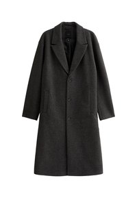 Cappotto di lana grigio scuro con rever a punte, chiusura a un bottone, due tasche frontali e una linea dritta. Tessuto morbido con un design classico.
