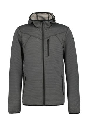 Grå hættetrøje med fuld lynlås foran, lynlåslomme på brystet og to lynlåslommer i siderne, lavet af tekstureret stof.