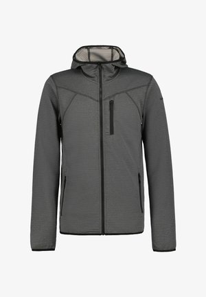 Graue Kapuzenjacke mit durchgehendem Frontreißverschluss, brusttasche mit Reißverschluss und zwei seitlichen Reißverschlusstaschen, hergestellt aus strukturiertem Stoff.