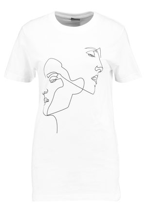 Witte katoenen t-shirt met een doorlopende zwarte lijntekening van twee profielen. Ronde hals, korte mouwen, relaxte pasvorm.
