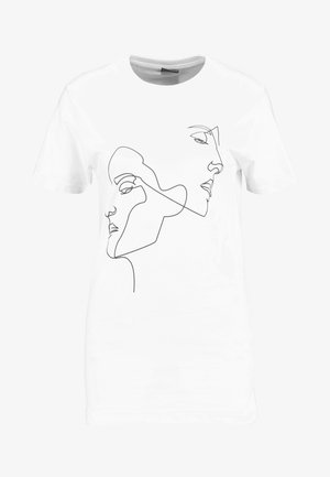 T-shirt bianco in cotone con una stampa a linea continua nera che rappresenta due profili. Collo a giro, maniche corte, vestibilità rilassata.