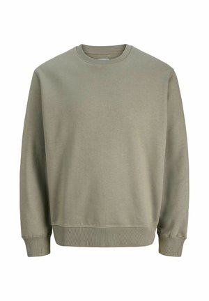 Olivno zelena jopa iz mešanice mehke bombažne tkanine, z okroglim izrezom, rebrastimi manšetami in sproščenim krojem. Gladek tekstura, brez vzorcev.