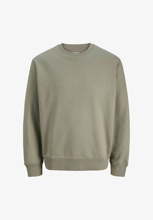 Olivzaļš džemperis no mīksta kokvilnas maisījuma, ar apaļu kakla izgriezumu, ribotiem aprocēm un vaļēju piegriezumu. Gluda tekstūra, bez rakstiem.