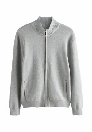 Grå zip-up tröja med ribbad krage och mudd. Har två sidofickor och en mjuk textur, utformad för komfort och mångsidighet.