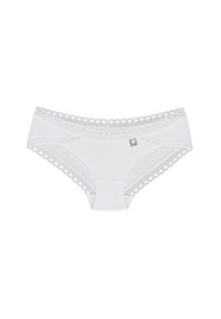 Slip in cotone bianco con rifinitura in pizzo lungo l'elastico in vita e le gambe. Presenta un piccolo logo al centro davanti. Tessuto liscio e copertura moderata.