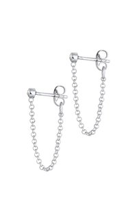 Orecchini a catena in argento con un design a perno e una chiusura decorativa. Le catene sono realizzate con piccoli anelli, creando un aspetto leggero.