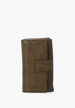 Leren portemonnee in olijfgroen, met een voorflap en een drukknoopsluiting. Geverfde oppervlakte en compacte rechthoekige vorm.