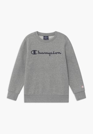 Felpa grigia con il logo "Champion" color blu navy sul davanti. Polsini e orlo a costine, collo rotondo, realizzata in morbido cotone.