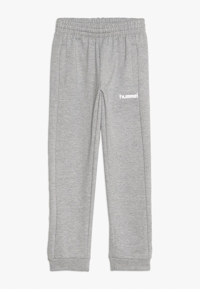 Grijze katoenen sweatpants in een mix met elastaan, met een elastische tailleband, zijzakken en een wit "hummel"-logo op het linkerpijp. Elastische boorden bij de enkels.