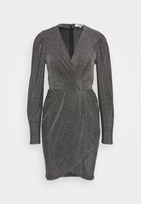 Robe portefeuille scintillante en argent foncé, à manches longues, encolure en V, taille froncée et ourlet longueur genou.