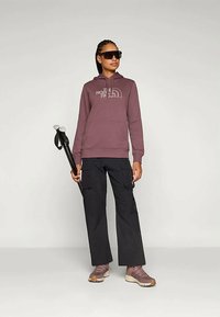 Ženska v mauve kapuci, črnih karirastih hlačah, usklajenih mauve športnih čevljih in sončnih očalih, drži zložene pohodniške palice v desni roki.