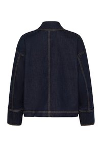 Jeansjacke, dunkelblau, mit klassischem Kragen, langen Ärmeln und sichtbaren Nähten. Die Rückansicht zeigt ein sauberes, tailliertes Design.