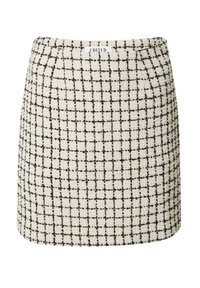 Kremfarbene Tweed-Minirock mit schwarzem Karomuster. Verfügt über einen geraden Schnitt und eine glatte Textur. Das Etikett am Bund trägt die Aufschrift "EDITED."