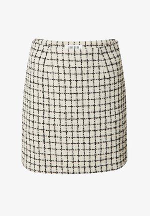 Crème kleurige tweed mini-jurk met een zwart rasterpatroon. Heeft een rechte snit en een gladde textuur. Label op de tailleband leest "EDITED."