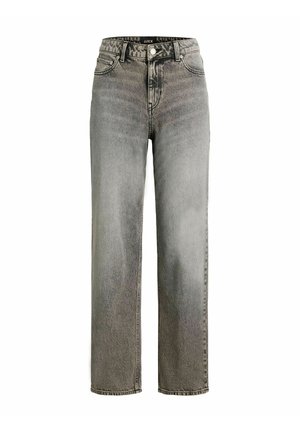 Hallid denimpüksid kõrge vöökohaga, sirge jala lõikega, ühe nupuga kinnitamine ja ees olevad taskud, millel on kulunud detailid ja tekstuur.