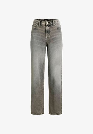 Graue Jeans aus Denim mit hoher Taille, geradem Schnitt, Ein-Knopf-Verschluss und Fronttaschen, die verblasste Details und Textur aufweisen.