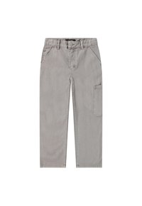 Grijze katoenen cargobroek met knoopsluiting, twee zijzakken en een zijzak met flap. Rechte pijpen en een gladde textuur.