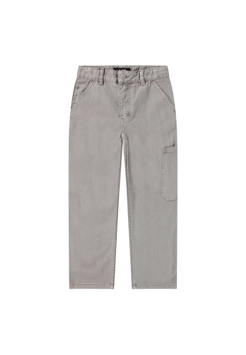 Grijze katoenen cargobroek met knoopsluiting, twee zijzakken en een zijzak met flap. Rechte pijpen en een gladde textuur.