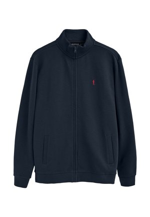 Giacca con zip blu navy scuro con collo alto, due tasche laterali e piccolo logo ricamato di un giocatore di polo rosso sul petto a sinistra.