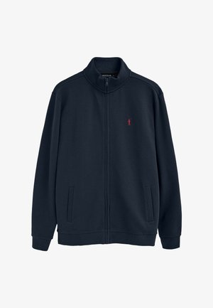 Giacca con zip blu navy scuro con collo alto, due tasche laterali e piccolo logo ricamato di un giocatore di polo rosso sul petto a sinistra.