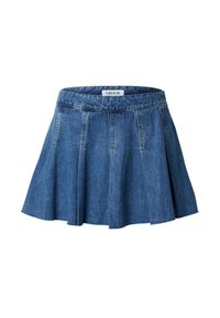 Jeansrok met een geplooid ontwerp, diepblauwe kleur en een tailleband met het label "EDITED." Zachte textuur met een uitlopende zoom.