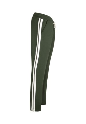Grüne Jogginghosen mit zwei weißen Seitenstreifen, aus weichem Stoff, mit elastischem Bund und Kordelzug sowie Seitentaschen.