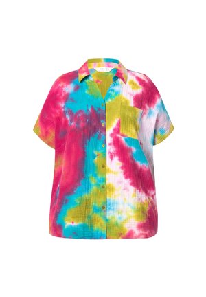 Short-sleeve, button-up shirt featuring vibrant tie-dye patterns in pink, blue, yellow, and green; includes a left chest pocket.