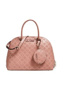 Różowa torebka z ekologicznej skóry z tłoczonym wzorem logo, podwójnymi uchwytami, odpinanym okrągłym brelokiem i srebrnymi elementami metalowymi. Główna komora zapinana na zamek.