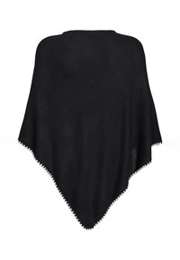 Črn pončo iz mehkega materiala, ki ima trikotno obliko in okrasno belo valovito obrobo ob robu.