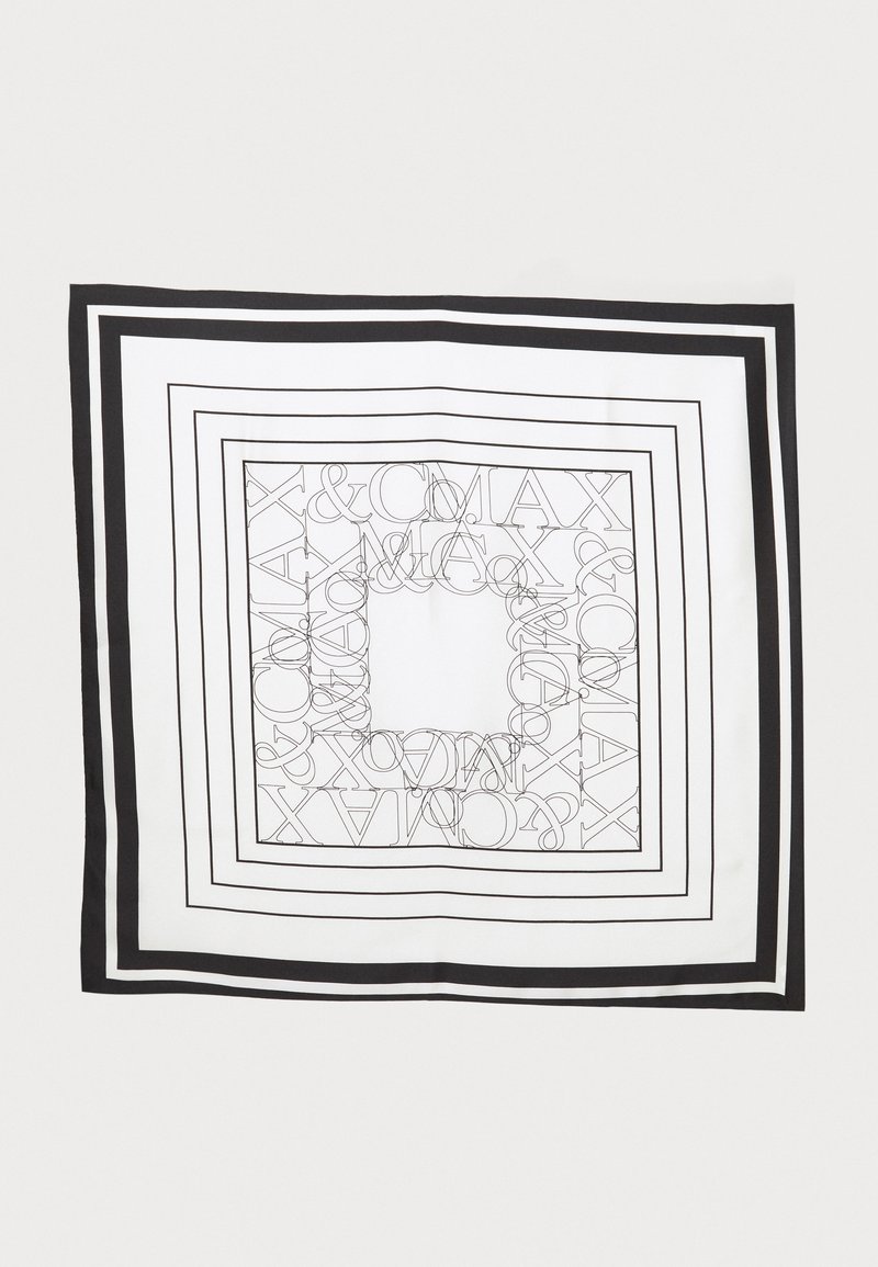 Silke sjal med hvit bakgrunn og svarte konturer av bokstaver og geometriske mønstre, ramm utenom av en solid svart kant. Firkantet form.
