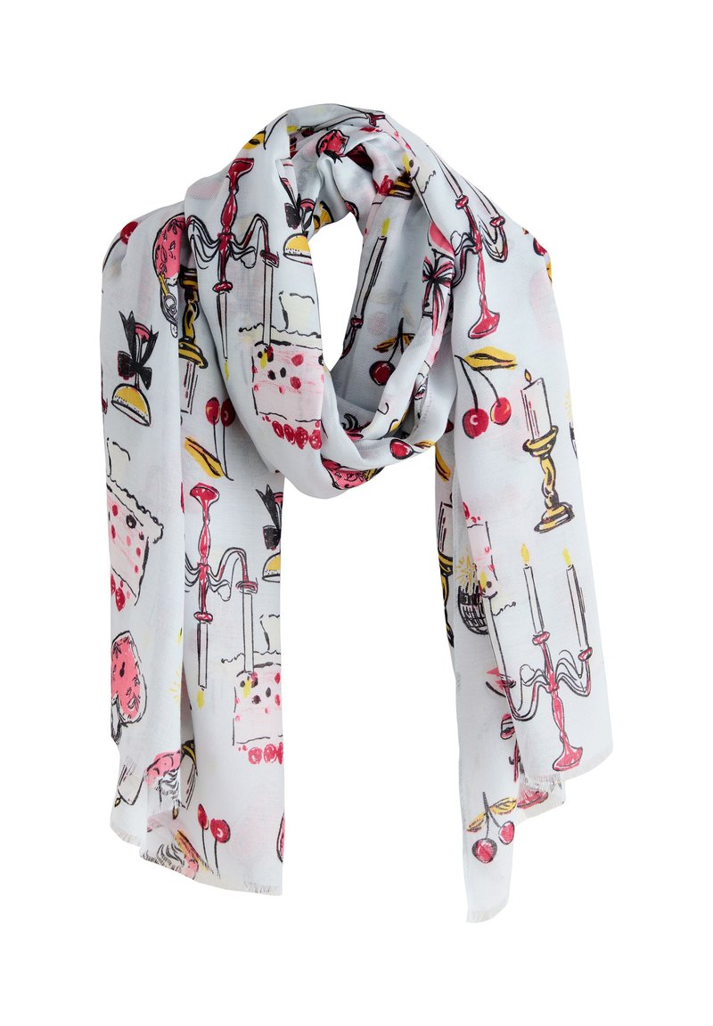 Lightweight scarf in sheer fabric featuring a pastel design of desserts, candles, and cherries, with a mix of pink, yellow, and black accents.
