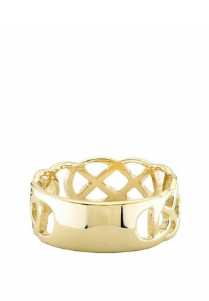 Guld ring med et gitterdesign med udskårne mønstre og glatte, polerede områder. Rund form og teksturerede accenter.