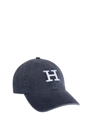 Gorra de béisbol de algodón azul marino con una corona estructurada, visera curvada y logotipo bordado en blanco con la letra "H" en la parte frontal. Correa ajustable en la parte trasera.