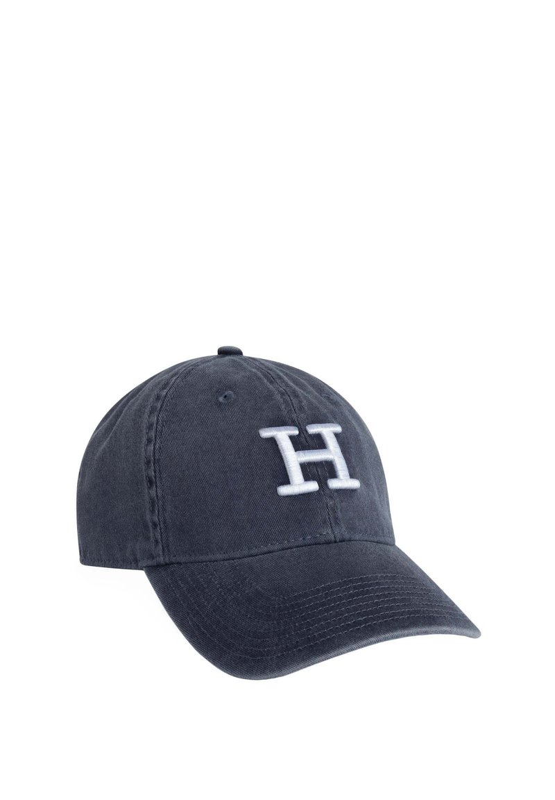 Mörkblå bomullsbasebollkeps med strukturerad krona, böjd skärm och broderad vit "H"-logotyp på framsidan. Justerbar rem bak.