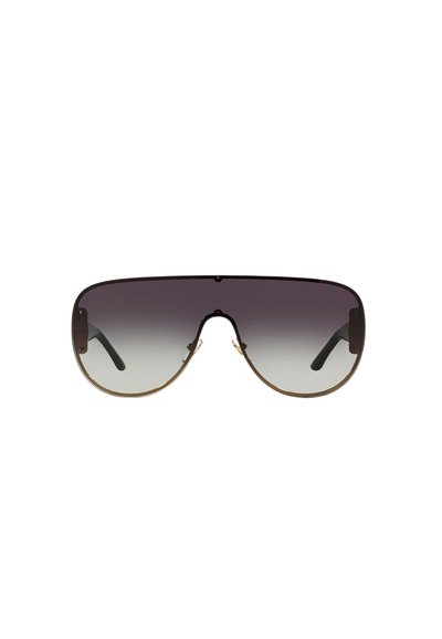 Occhiali da sole con montatura in metallo bronzo, dotati di grandi lenti grigio scuro sfumate. Presentano un design curvo e sottili aste nere per il supporto.