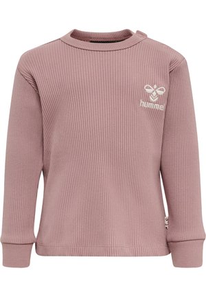 Rippstricklangarmshirt in zartem Pink mit Logo auf der Brust, rundem Ausschnitt und Knopfdetail an der Schulter. Dehnbare, strukturierte Stoffqualität.