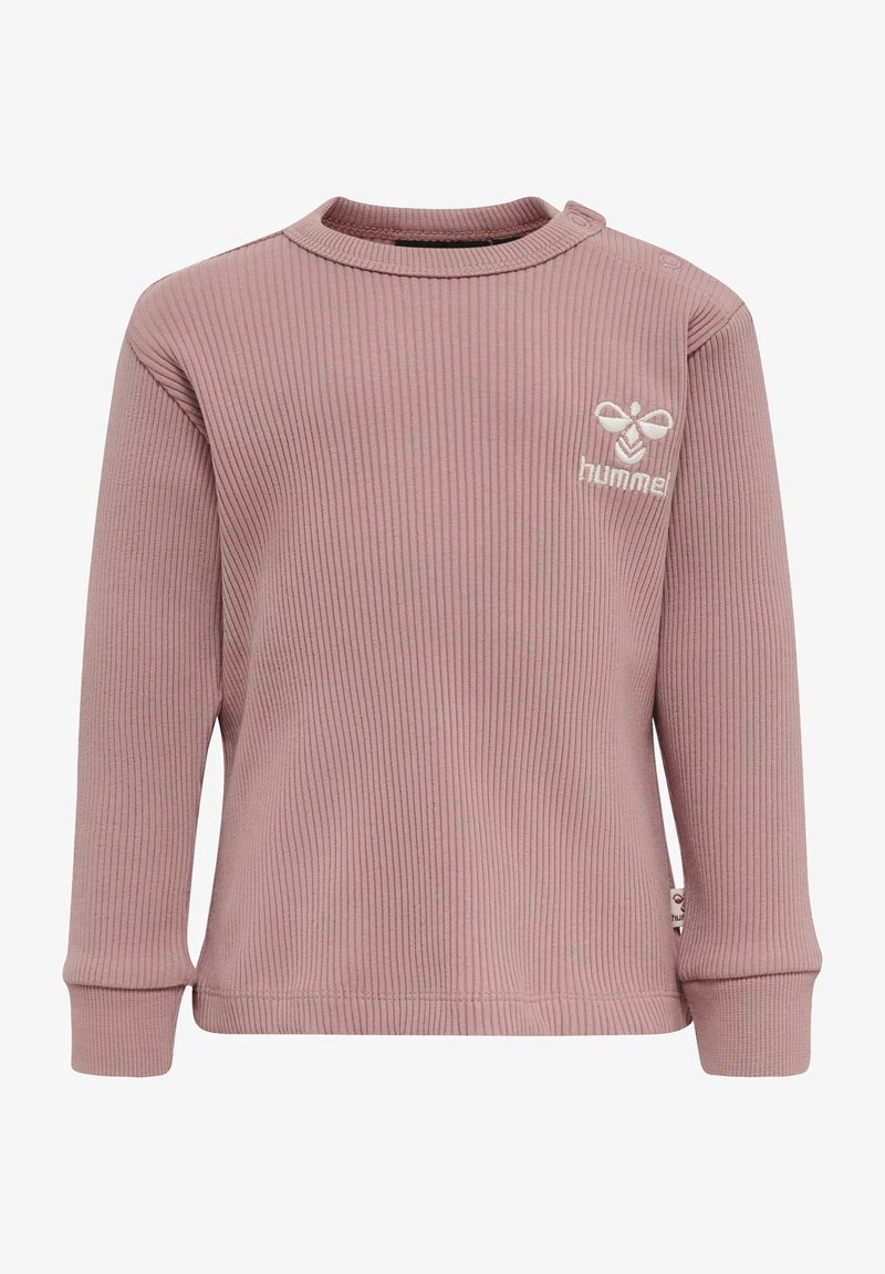 Ribbade långärmade toppar i mjuk rosa med en logotyp på bröstet, rund krage och knappdetalj på axeln. Stretchigt, strukturerat tyg.