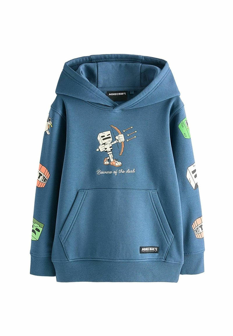 Blaues Kapuzenshirt mit einer Vordertasche, grafischem Druck eines Charakters mit Bogen und Pfeilen sowie Minecraft-inspirierten Akzenten an den Ärmeln.