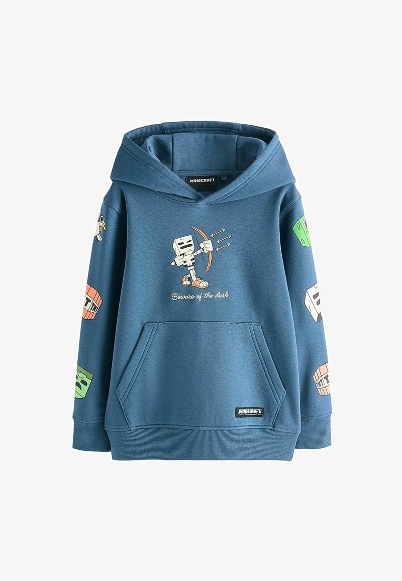 Felpa con cappuccio blu caratterizzata da una tasca frontale, stampa grafica di un personaggio con arco e frecce, e dettagli a tema Minecraft sulle maniche.