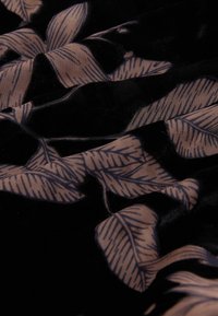 Černá sametová látka s botanickým vzorem listů v béžové barvě, s detailními žilkováními, vytvářející texturovaný, vrstvený vzhled.