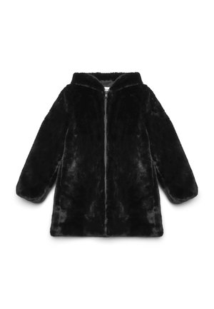 Czarna kurtka z sztucznego futra z zamkiem z przodu, kapturem, luźnym krojem i długimi rękawami. Miękka faktura i gładkie wykończenie, zaprojektowana z myślą o cieple.