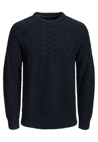 Donkerblauwe kabelgebreide trui van gestructureerde wol, met een ronde halslijn en geribbelde manchetten en onderrand. Opvallende kabelpatronen op de mouwen.