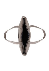 Szara torba na ramię z płótna, z podwójnymi paskami z tkaniny, zapinana na zamek, z ciemnym wnętrzem. Posiada teksturowaną powierzchnię i metalowe akcenty.