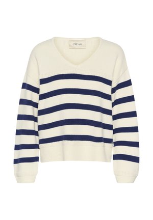 V-Ausschnitt-Pullover aus Strickstoff, cremefarben mit marineblauen horizontalen Streifen, mit gerippten Bündchen und Saum; lockere Passform und lässiges Design.