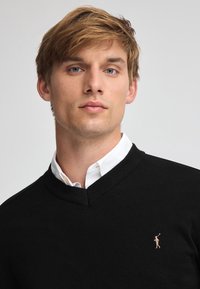 Jersey de lana negro con un diseño de escote en V, que presenta un pequeño logo de color claro en el pecho. El modelo lleva una camisa blanca de cuello debajo.