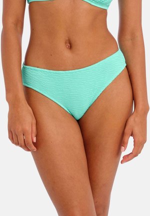 Mintgroene bikinionderkant van een gestructureerde stof, met een brede tailleband en klassieke snit. Gladde randen zonder zichtbare versieringen.